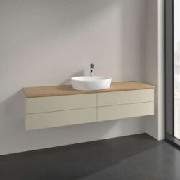 Villeroy und Boch Meuble vasque Villeroy & Boch Antao L25011HJ avec éclairage, 4 tiroirs, 1600 x 360 x 500 mm, façade lisse, laque mate Gris Soie / Chêne Miel