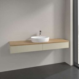Villeroy und Boch Meuble vasque Villeroy & Boch Antao L14051HJ avec éclairage, 2 tiroirs, 1600 x 190 x 500 mm, façade lisse, laque mate Gris Soie / Chêne Miel