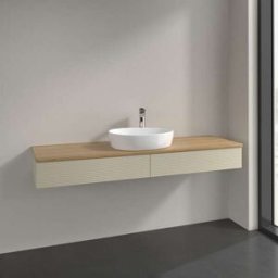 Villeroy und Boch Meuble vasque Villeroy & Boch Antao L14111HJ avec éclairage, 2 tiroirs, 1600 x 190 x 500 mm, façade texturée, laque mate Gris Soie / Chêne Miel