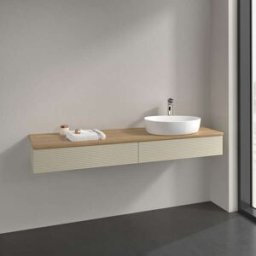 Villeroy und Boch Meuble vasque Villeroy & Boch Antao L16111HJ avec éclairage, 2 tiroirs, 1600 x 190 x 500 mm, façade texturée, laque mate Gris Soie / Chêne Miel