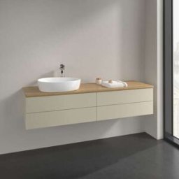 Villeroy und Boch Meuble vasque Villeroy & Boch Antao L26051HJ avec éclairage, 4 tiroirs, 1600 x 360 x 500 mm, façade lisse, laque mate Gris Soie / Chêne Miel