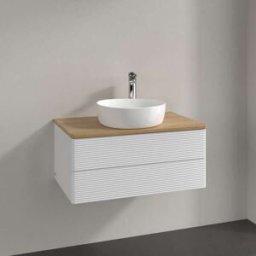 Villeroy und Boch Meuble vasque Villeroy & Boch Antao L19151GF avec éclairage, 2 tiroirs, 800 x 360 x 500 mm, façade texturée, laque blanche brillante / chêne miel