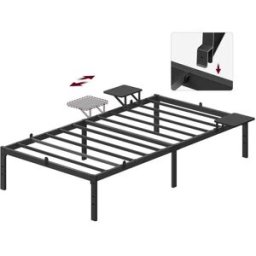 VASAGLE Lit double en métal avec étagères de rangement pour chambre moderne, Noir classique / 90l x 90L cm / sans tête de lit