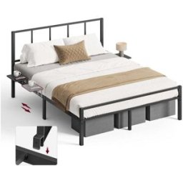 VASAGLE Lit double en métal avec étagères de rangement pour chambre moderne, Noir classique / 140l x 190L cm / avec tête de lit