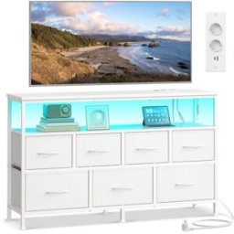 SONGMICS BELLAH Collection - Commode de chambre avec tiroirs en tissu et éclairage LED, Blanc Nuage / 7 Tiroirs