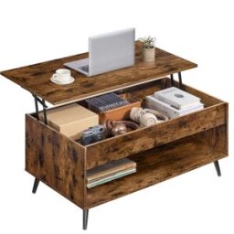 VASAGLE Table basse relevable avec rangement discret intégré, Marron Rustique + Noir d'encre