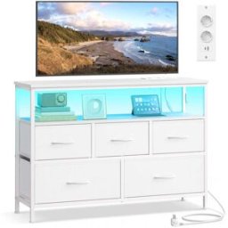 SONGMICS BELLAH Collection - Commode de chambre avec tiroirs en tissu et éclairage LED, Blanc Nuage / 5 Tiroirs