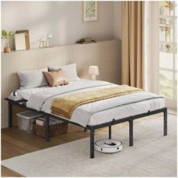 VASAGLE Lit double en métal avec étagères de rangement pour chambre moderne, Noir d'encre / 140l x 200L cm / sans tête de lit