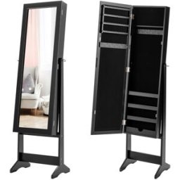 CostwayArmoire à bijoux sur Pied avec Miroir Coffre à Bijoux Armoire de Rangement Cosmétiques 3 Positions Réglables Noir