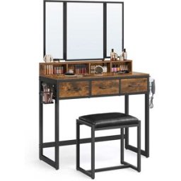 VASAGLE Table de maquillage avec tabouret, Marron Rustique + Noir