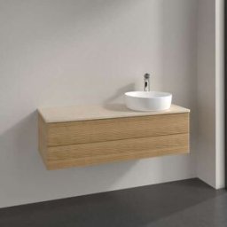 Villeroy und Boch Meuble vasque Villeroy & Boch Antao L23153HN avec éclairage, 2 tiroirs, 1200 x 360 x 500 mm, façade texturée, Chêne Miel / Botticino