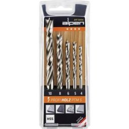 Alpen 600114100 Jeu de forets pour le bois 5 pièces 4 mm, 5 mm, 6 mm, 8 mm, 10 mm tige cylindrique 1 set