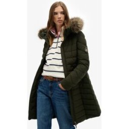 Superdry Femme Manteau Mi-long Fuji à Capuche en Fausse Fourrure Green Taille: 46