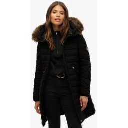 Superdry Femme Manteau Mi-long Fuji à Capuche en Fausse Fourrure Black Taille: 46