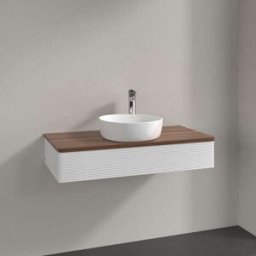 Villeroy und Boch Meuble vasque Villeroy & Boch Antao L09112GF avec éclairage, 1 tiroir, 1000 x 190 x 500 mm, façade texturée, laque blanche brillante / noyer chaud
