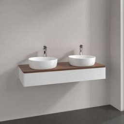 Villeroy und Boch Meuble vasque Villeroy & Boch Antao L13152GF avec éclairage, 1 tiroir, 1200 x 190 x 500 mm, façade texturée, laque blanche brillante / noyer chaud