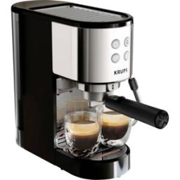 Krups 365680 Machine à expresso noir, acier inoxydable avec embout de mousseur à lait, avec fonction chauffe-tasse