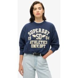 Superdry Dames College Script Sweat Ample Bleu Marine et Crème Logo Brodé, Taille: 40