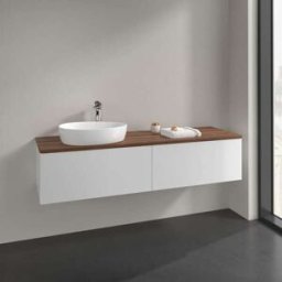 Villeroy und Boch Meuble vasque Villeroy & Boch Antao L37052GF avec éclairage, 2 tiroirs, 1600 x 360 x 500 mm, façade lisse, laque blanche brillante / noyer chaud