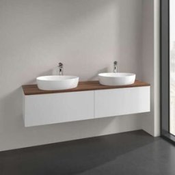 Villeroy und Boch Meuble vasque Villeroy & Boch Antao L39052GF avec éclairage, 2 tiroirs, 1600 x 360 x 500 mm, façade lisse, laque blanche brillante / noyer chaud