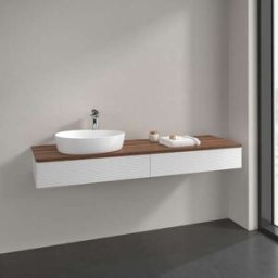 Villeroy und Boch Meuble vasque Villeroy & Boch Antao L15112GF avec éclairage, 2 tiroirs, 1600 x 190 x 500 mm, façade texturée, laque blanche brillante / noyer chaud