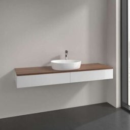 Villeroy und Boch Meuble vasque Villeroy & Boch Antao L14012GF avec éclairage, 2 tiroirs, 1600 x 190 x 500 mm, façade lisse, laque blanche brillante / noyer chaud