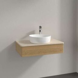 Villeroy und Boch Meuble vasque Villeroy & Boch Antao L08013HN avec éclairage, 1 tiroir, 800 x 190 x 500 mm, façade lisse, chêne miel / Botticino