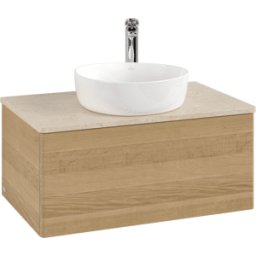 Villeroy und Boch Meuble vasque Villeroy & Boch Antao L30053HN 80x36x50cm, percé pour robinetterie, plan vasque couleur Botticino, chêne miel