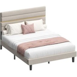 VASAGLE Lit double avec tête rembourrée ajustable en métal et bois, Beige Cappuccino / 140l x 190L cm