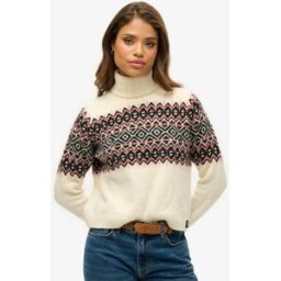 Superdry Femme Pull Jacquard à col Roulé Crème Taille: 40