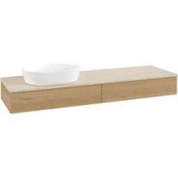 Villeroy und Boch Meuble vasque Villeroy & Boch Antao L15113HN avec éclairage, 2 tiroirs, 1600 x 190 x 500 mm, façade texturée, Chêne Miel / Botticino