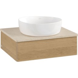 Villeroy und Boch Meuble vasque Villeroy & Boch Antao L07113HN avec éclairage, 1 tiroir, 600 x 190 x 500 mm, façade texturée, Chêne Miel / Botticino