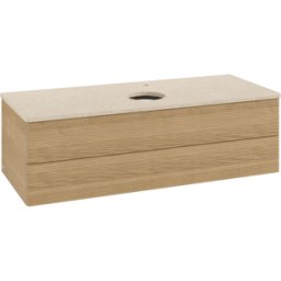Villeroy und Boch Meuble vasque Villeroy & Boch Antao L21153HN avec éclairage, 2 tiroirs, 1200 x 360 x 500 mm, façade texturée, Chêne Miel / Botticino