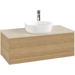 Villeroy und Boch Meuble vasque Villeroy & Boch Antao L31053HN avec éclairage, 100 x 36 x 50 cm, percé pour robinetterie, plan vasque couleur Botticino, chêne miel