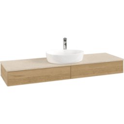 Villeroy und Boch Meuble vasque Villeroy & Boch Antao L14053HN avec éclairage, 160 x 19 x 50 cm, percé pour robinetterie, plan vasque couleur Botticino, chêne miel