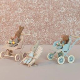 Maileg Poussette double Bébés Souris bleu