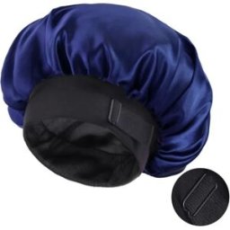INF Grand bonnet de nuit en satin double épaisseur avec boucle ajustable invisible et large bord - Soin des cheveux Bleu marine