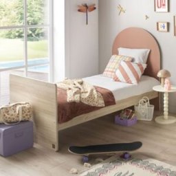 Sauthon Lit junior 90x190 - décor bois chêne sépia - tête de lit forme Arche