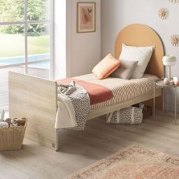 Sauthon Lit junior 90x190 - décor bois chêne sépia - tête de lit forme Arche