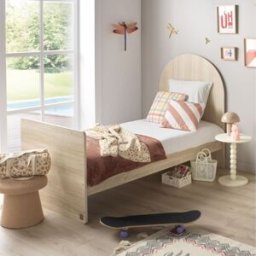 Sauthon Lit junior 90x190 - décor bois chêne sépia - tête de lit forme Arche