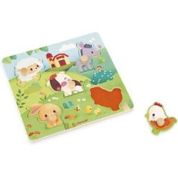 Janod Puzzle tactile en bois 5 pièces - thème animaux de la ferme