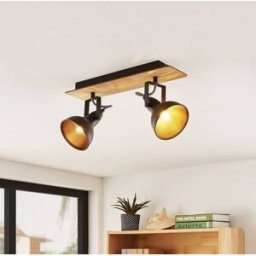 Lindby plafonnier Aylis, 2 lampes, 40 cm, noir, bois, E14 Aylis Lindby, dimmable, bois foncé, Salon / Salle à manger, Métal, Industriel, Spot