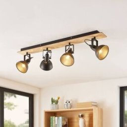 Lindby Aylis plafonnier, 4 lampes à 82 cm, noir, bois, E14 Lindby, dimmable, bois foncé, Salon / Salle à manger, Métal, Industriel, Spot