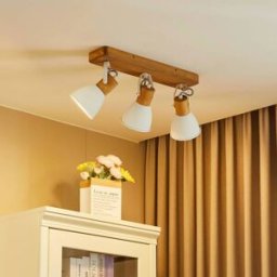 Spot pour plafond Lindby Merela, blanc, 45 cm, à 3 lampes, bois, E14 Merela Lindby, dimmable, bois clair, Salon / Salle à manger, Bois, Scandinave, Spot