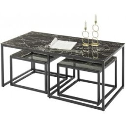 Deladeco Table basse industrielle métal et verre noir (lot de 3) Claudia Noir
