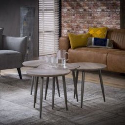 Vivabita Ensemble de 4 tables basses rondes vintage en bois avec piétement en métal Justine Chêne gris