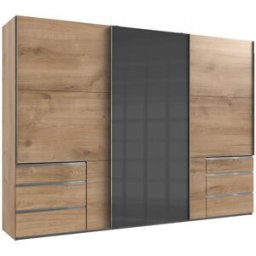 Deladeco Armoire adulte contemporaine portes coulissantes 300 cm verre gris/chêne poutre Rotterdam I Verre gris/chêne poutre
