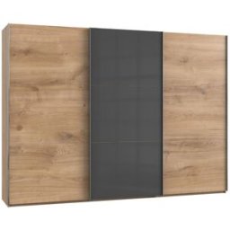 Deladeco Armoire adulte contemporaine portes coulissantes 300 cm verre gris/chêne poutre Rotterdam Verre gris/chêne poutre