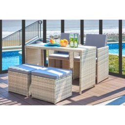 Vivabita Ensemble table et chaises de jardin contemporain en résine tressée Tasmanie Naturel