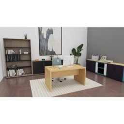 Mateol Table de réunion rectangulaire pieds panneaux Moka Blanc neige et chêne clair